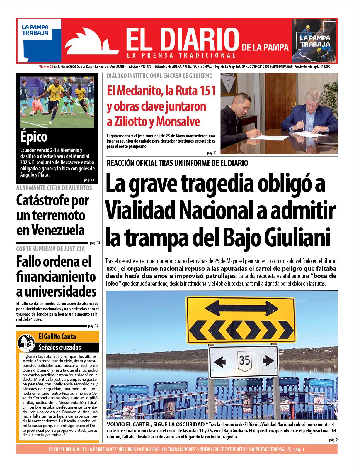 Tapa de El Diario en papel  viernes 26 de junio de 2026